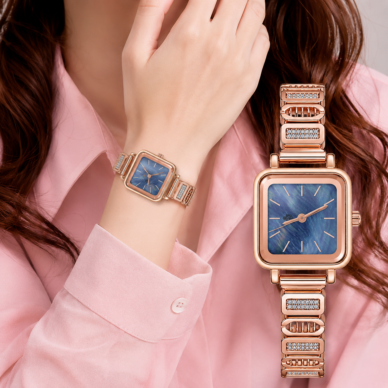 Blue Mother-of-Pearl Square-Case Crystal Ladies Wristwatch
