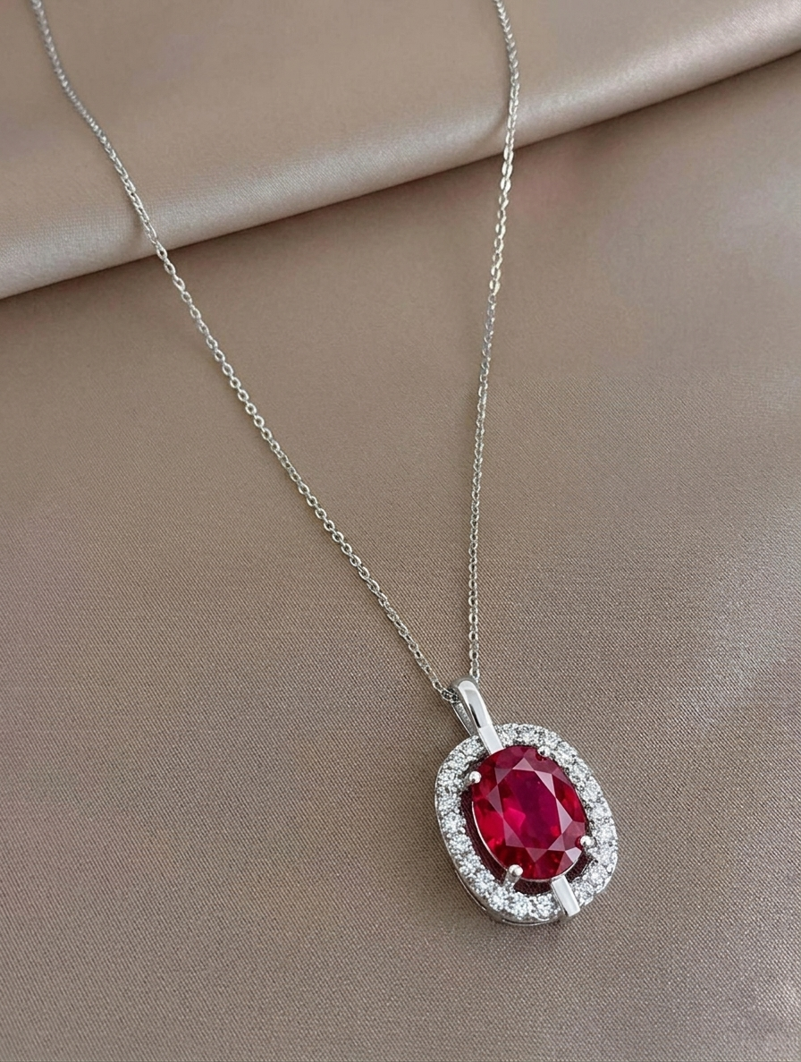 Oval Ruby Halo Statement Pendant