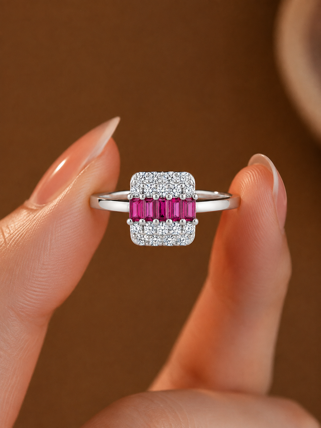 Vibrant Ruby and Diamond Cluster Silver Ring