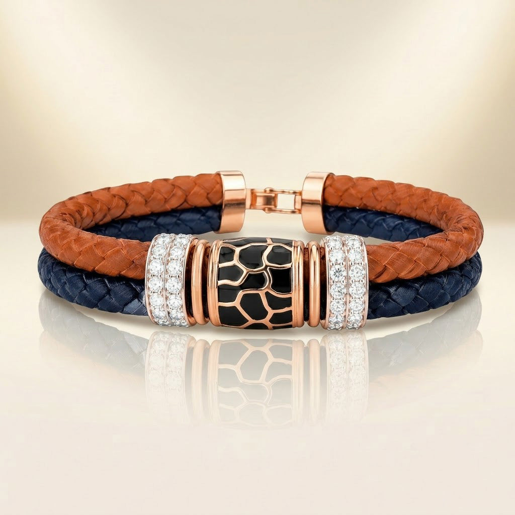 Dual-Tone Braided Leather and Enamel Statement Bracelet