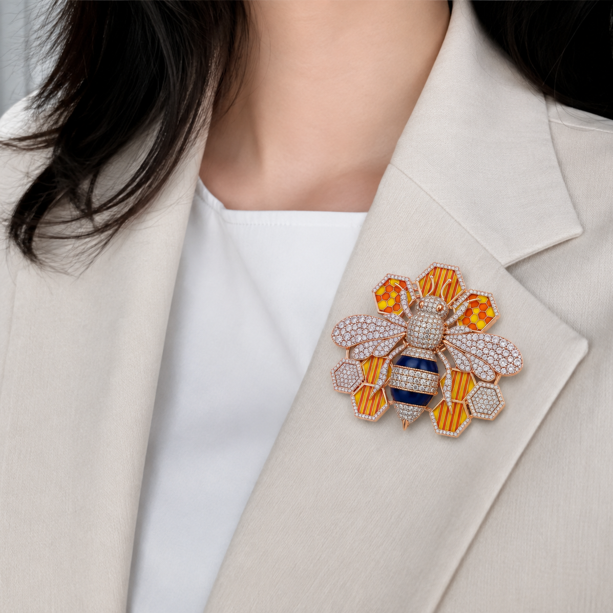 Luminous Diamond & Honeycomb Bee Statement Brooch