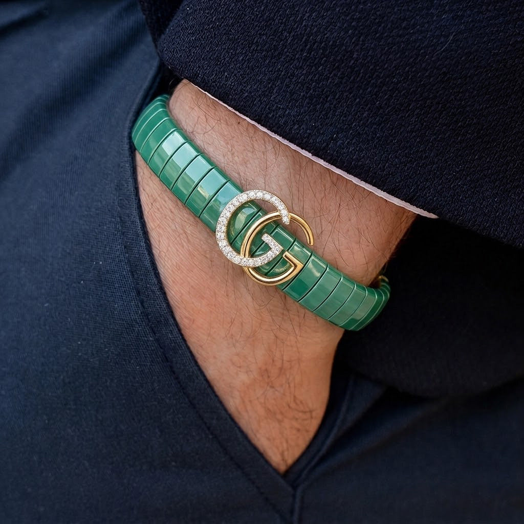 Luxury Emerald-Green Segmented Double-G Gents Bracelet