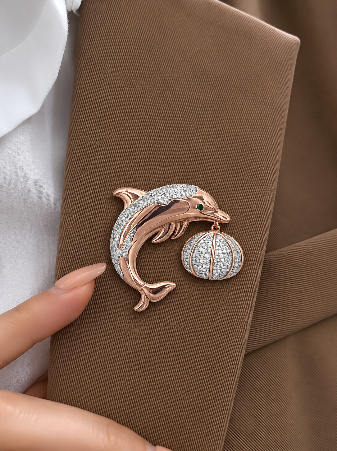 Whimsical Pave-Diamond and Rose Gold Dolphin Brooch