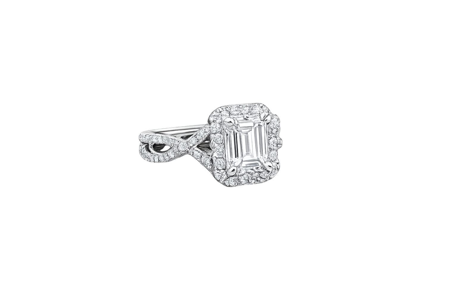 Elegant Emerald-Cut Halo Split-Shank Engagement Ring