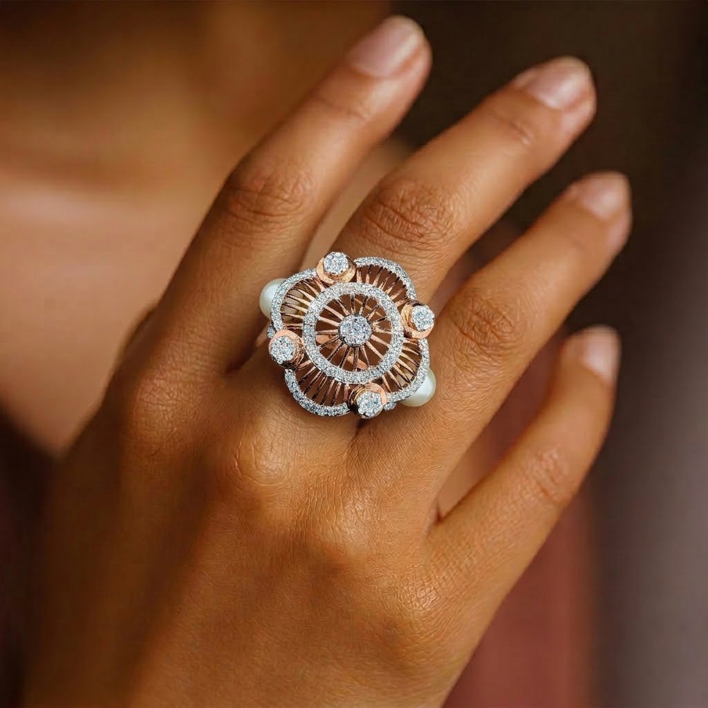 Intricate Wheel-Motif Pearl & Diamond Ring
