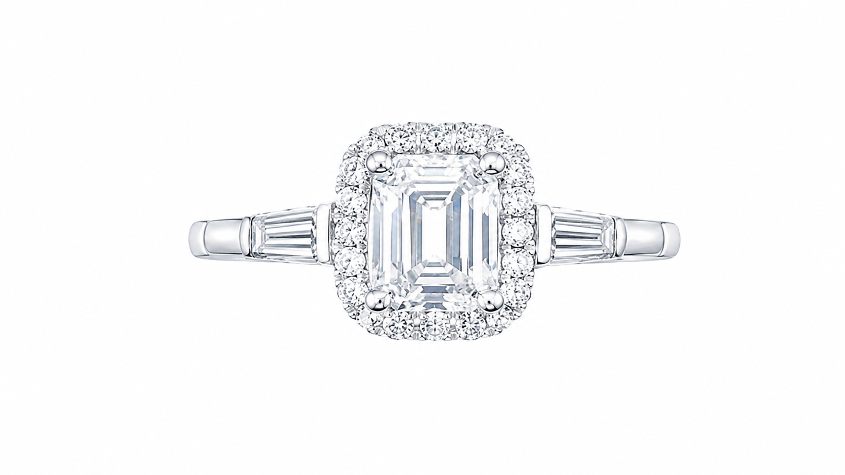 Regal Emerald-Cut Halo Ring with Baguette Side Stones