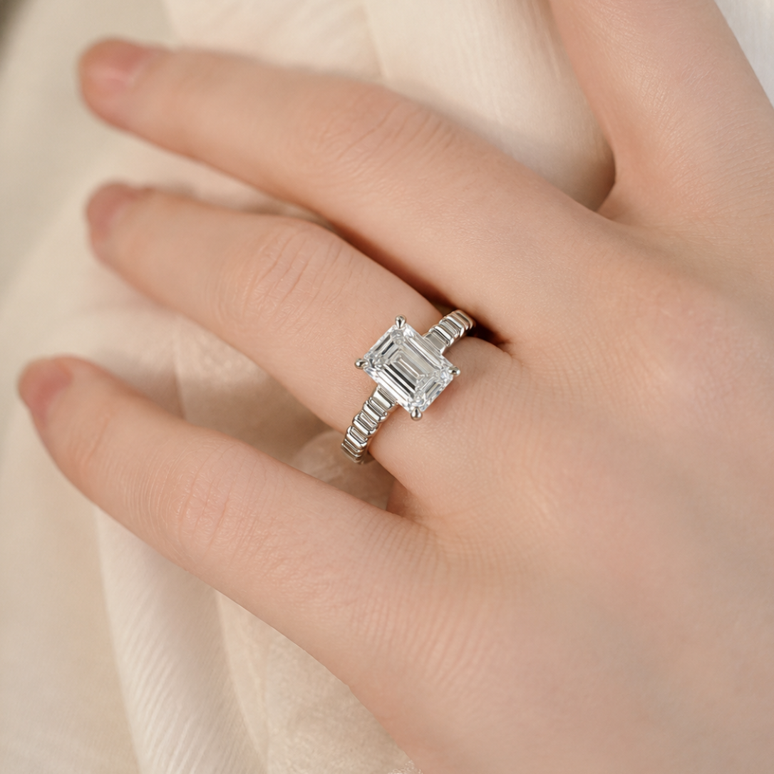 Architectural Ribbed Band Emerald-Cut Solitaire Ring
