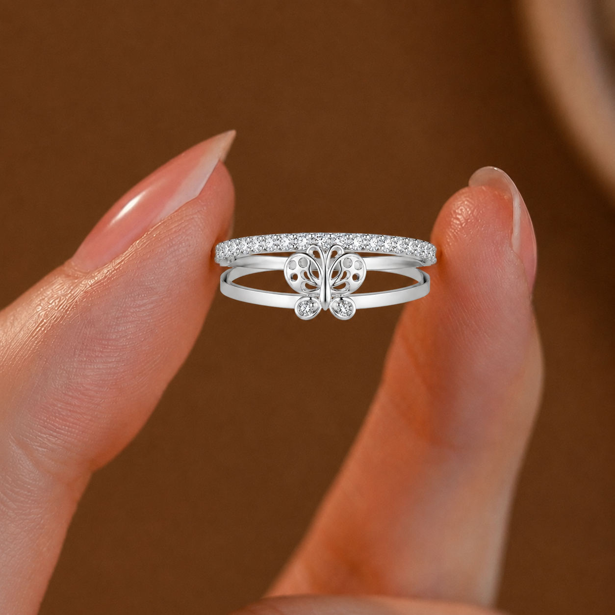 Whimsical Butterfly Double-Band Silver Ring