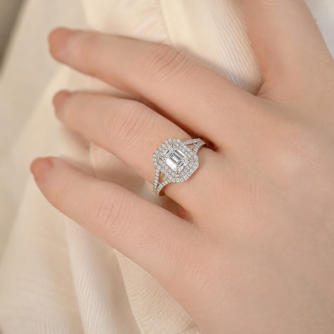 Opulent Double-Halo Emerald-Cut Split-Shank Ring
