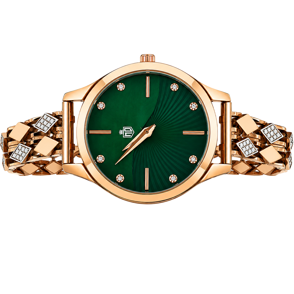 Emerald-Green Split-Dial Crystal Braided Ladies Wristwatch