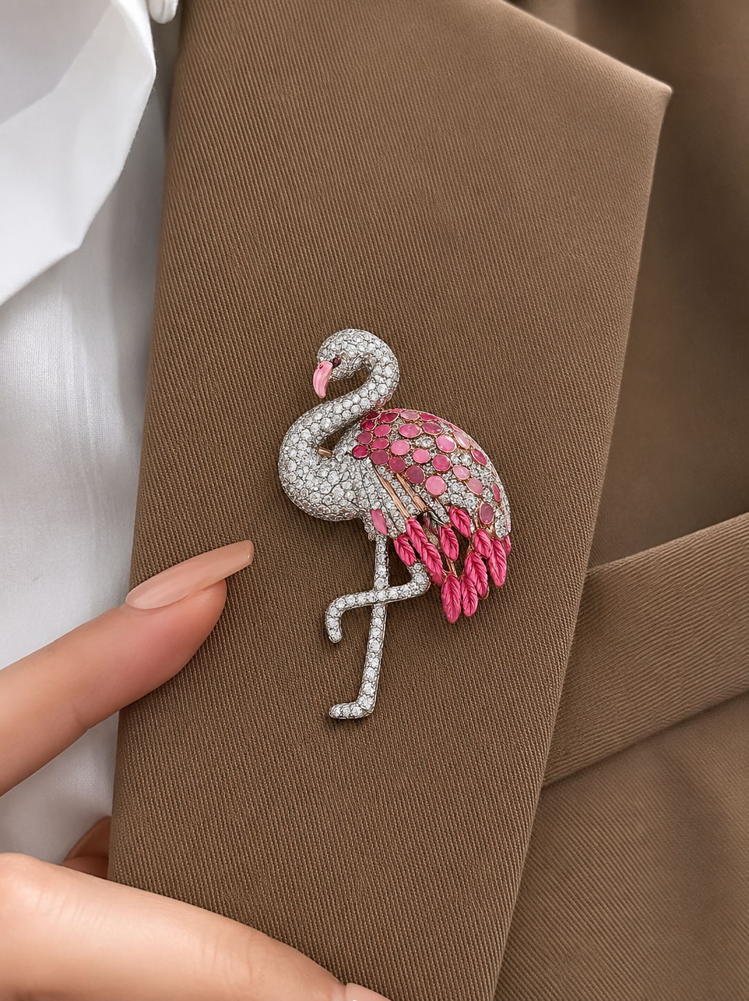 Elegant Pave-Diamond and Pink Sapphire Flamingo Brooch