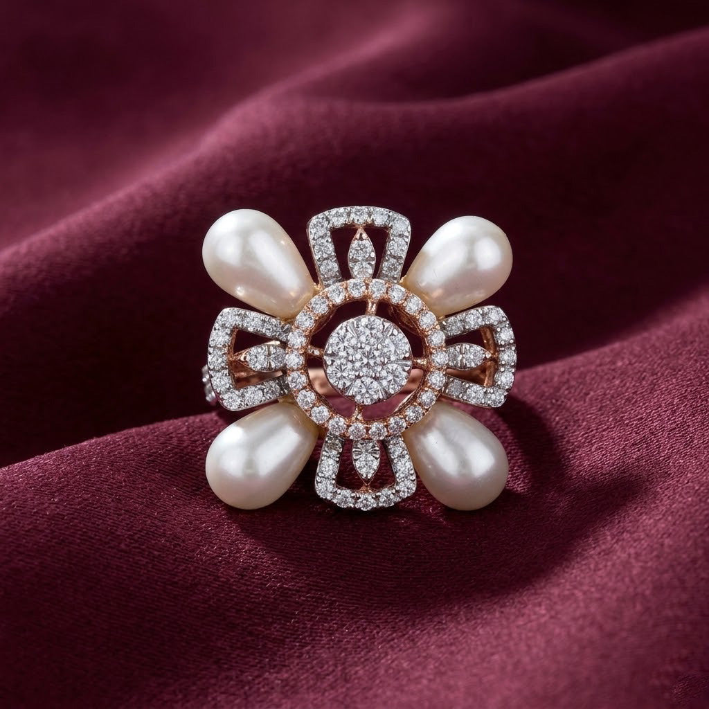 Floral Elegance Pearl & Diamond Statement Ring