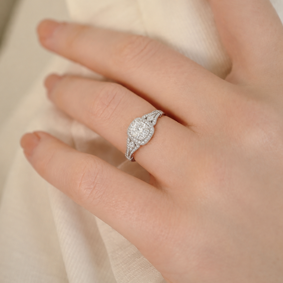 Vintage-Inspired Milgrain Halo Engagement Ring