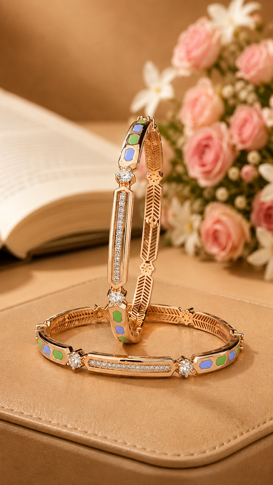 Multicolored Enamel & Crystal Rose Gold Designer Bangles