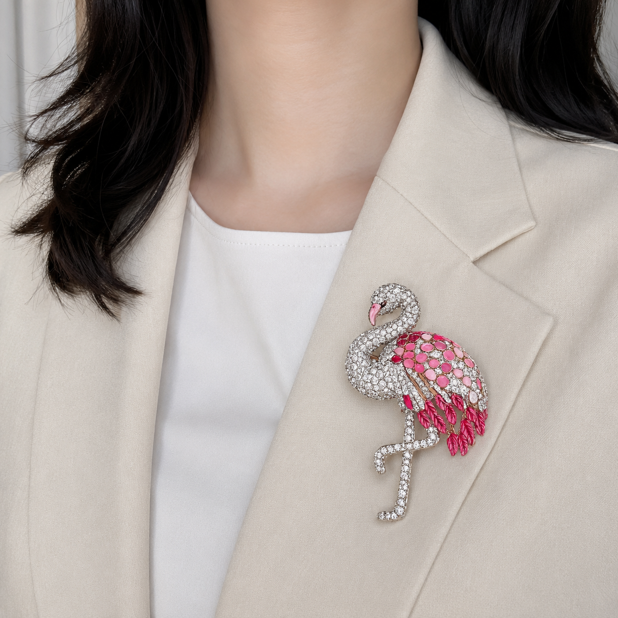 Elegant Pave-Diamond and Pink Sapphire Flamingo Brooch