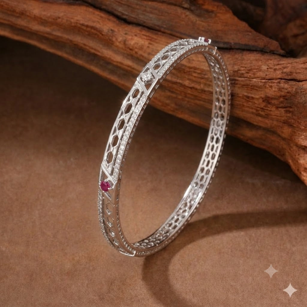 Luminous Hexagonal Lattice Silver-Toned Bangles