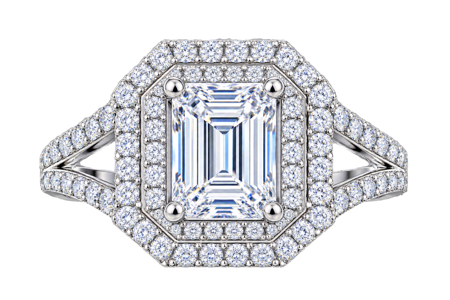 Opulent Double-Halo Emerald-Cut Split-Shank Ring