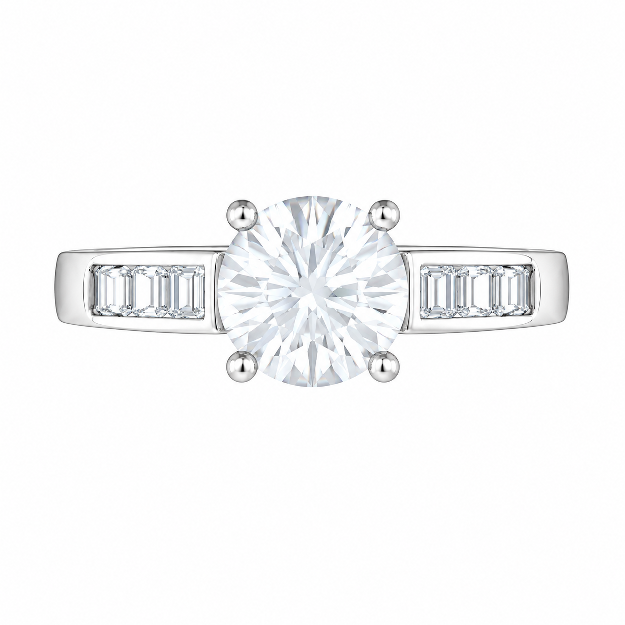 Brilliant Round Solitaire Ring with Channel-Set Baguettes