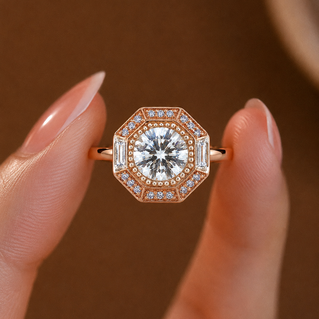 Opulent Geometric Octagonal Halo Diamond Ring