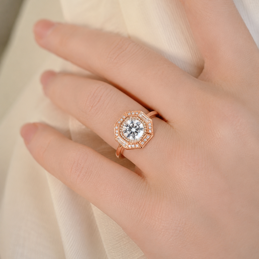Opulent Geometric Octagonal Halo Diamond Ring
