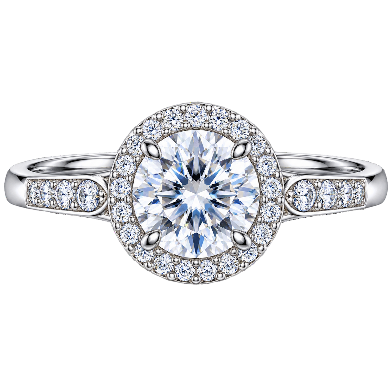 Halo Round Brilliant Diamond Engagement Ring with Pavé Accent Shoulders