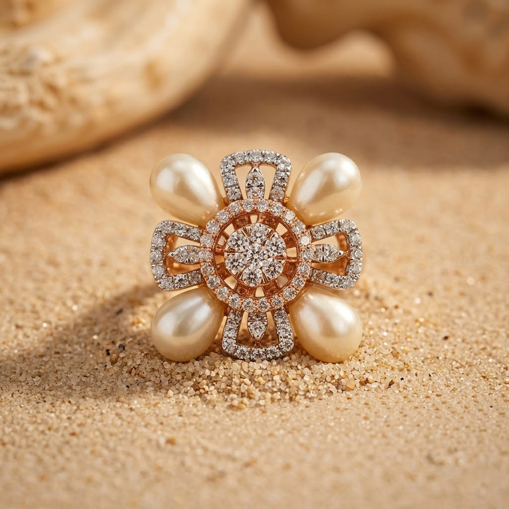 Floral Elegance Pearl & Diamond Statement Ring
