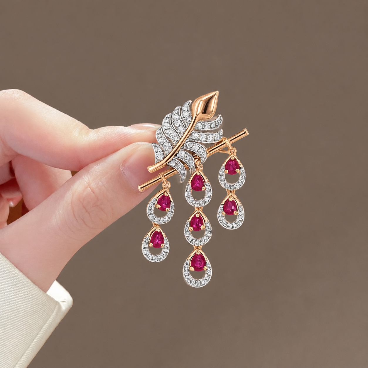 Divine Flute and Peacock Feather Ruby Brooch