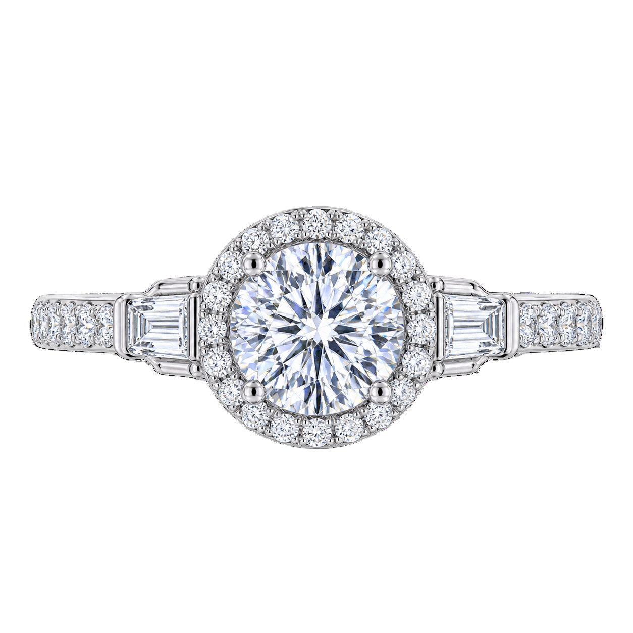 Grand Art Deco-Inspired Halo Engagement Ring with Baguette Accents