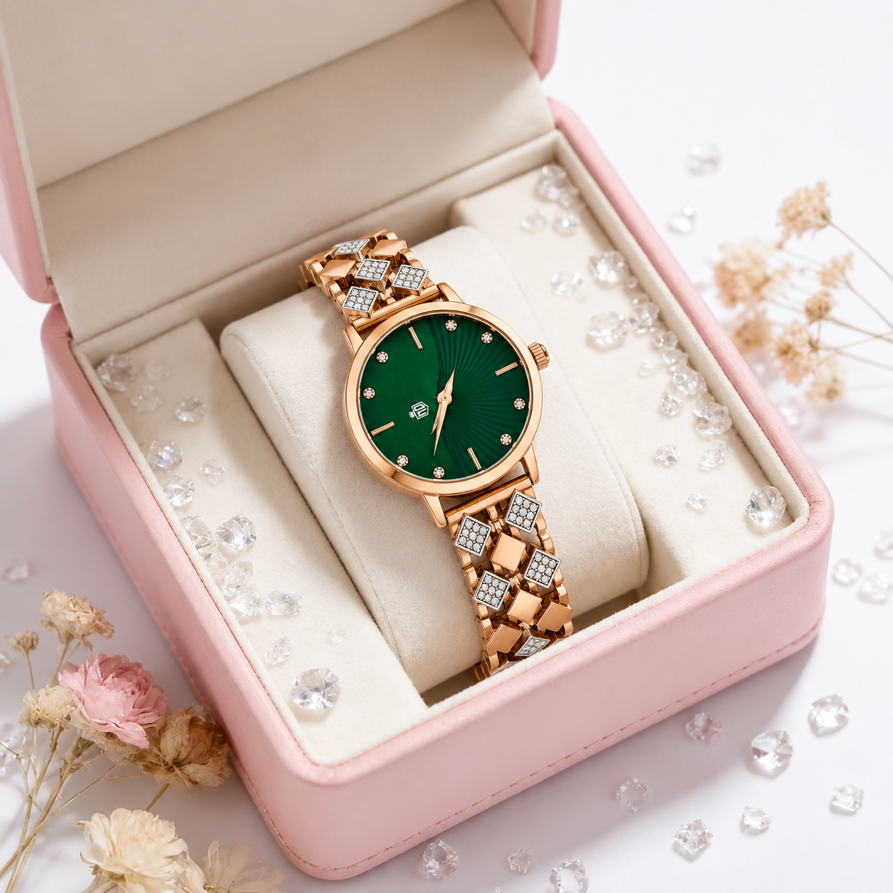 Emerald-Green Split-Dial Crystal Braided Ladies Wristwatch