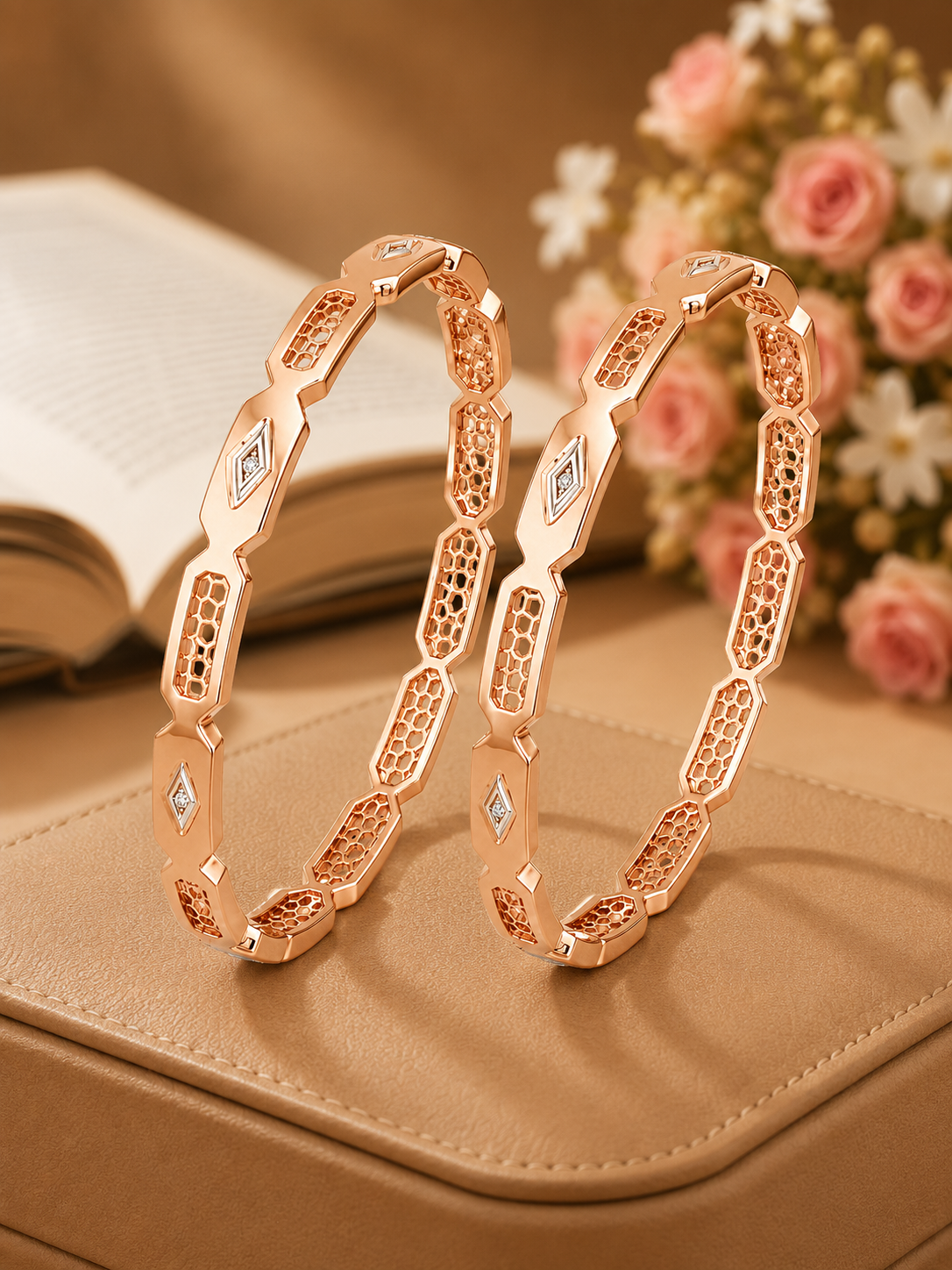 Geometric Hex-Link Rose Gold Designer Bangles