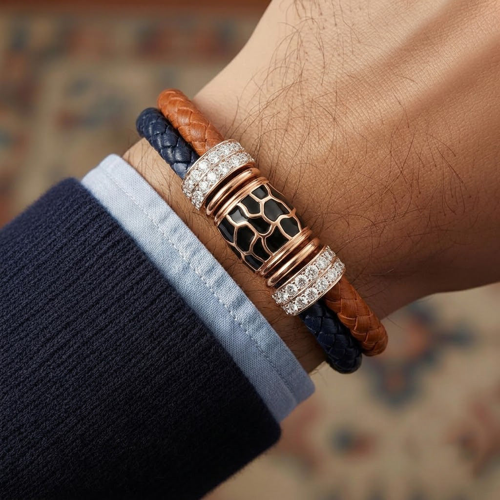 Dual-Tone Braided Leather and Enamel Statement Bracelet