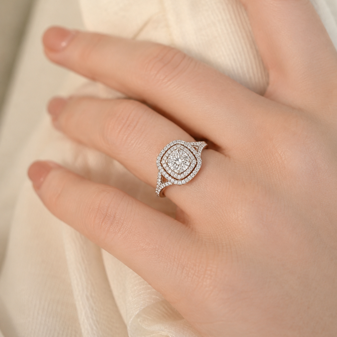 Magnificent Double-Halo Split-Shank Diamond Ring