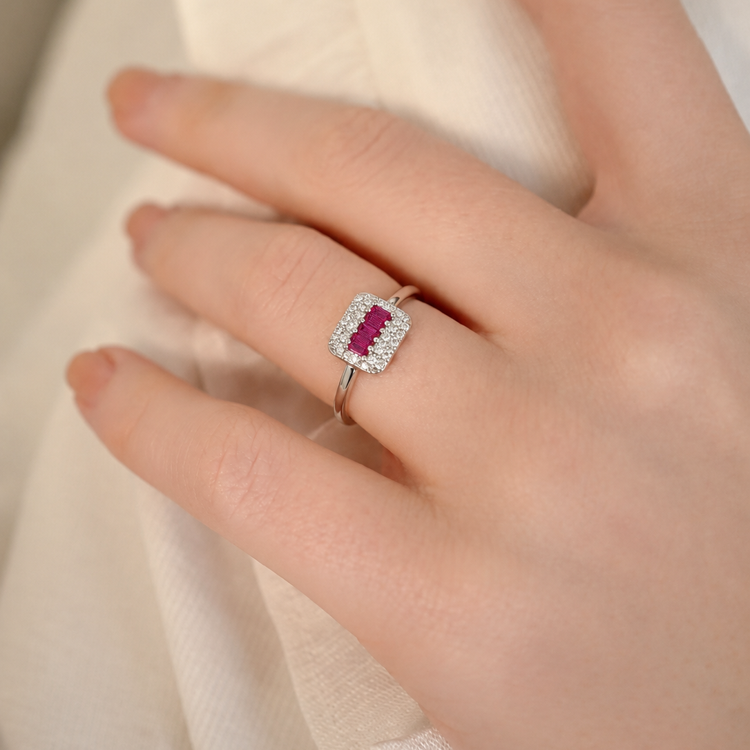 Vibrant Ruby and Diamond Cluster Silver Ring