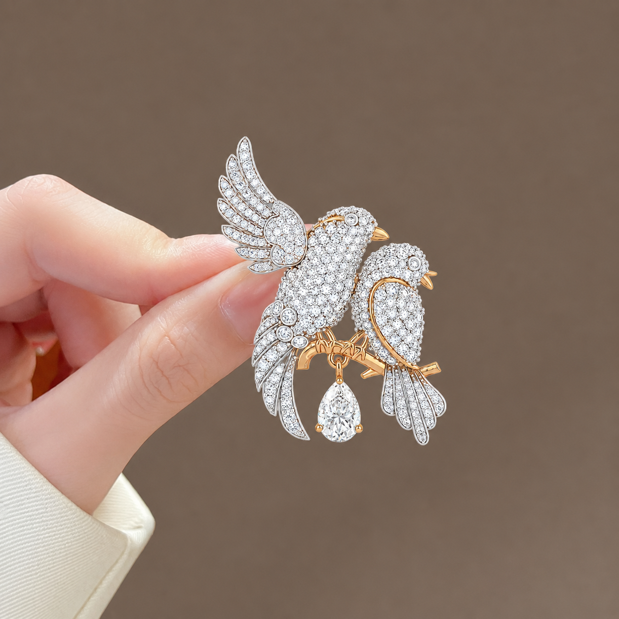 Enchanting Lovebirds Pavé Diamond and Rose Gold Brooch