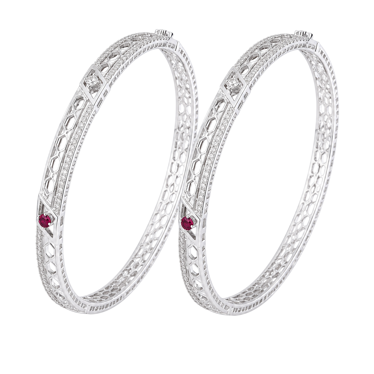 Luminous Hexagonal Lattice Silver-Toned Bangles