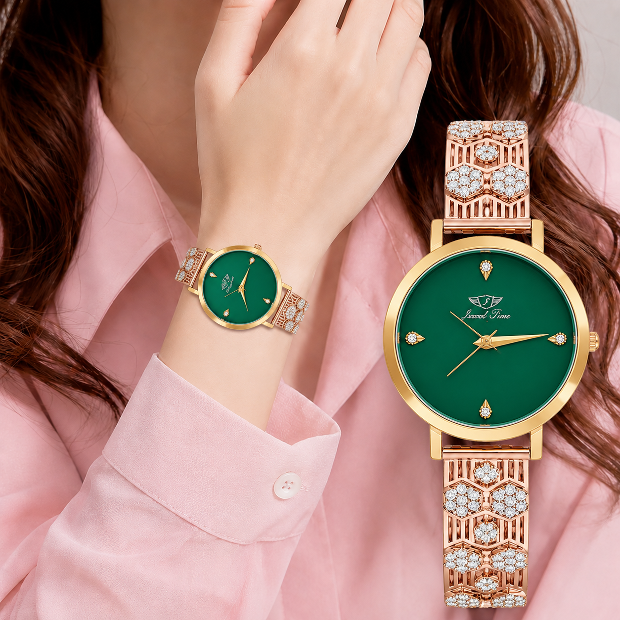 Emerald-Green Dial Minimalist Crystal Ladies Wristwatch
