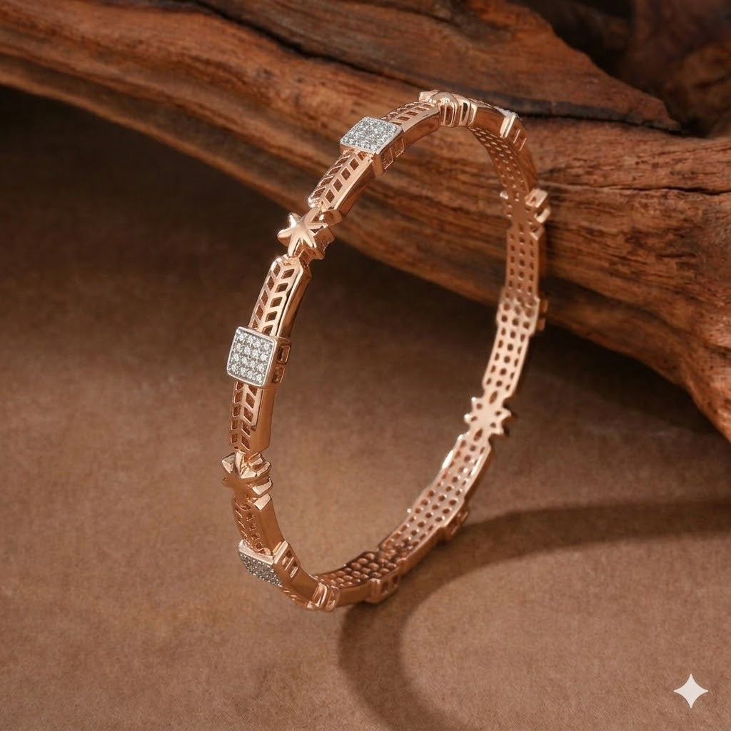 Ornate Floral Motif & Pave-Set Rose Gold Designer Bangles