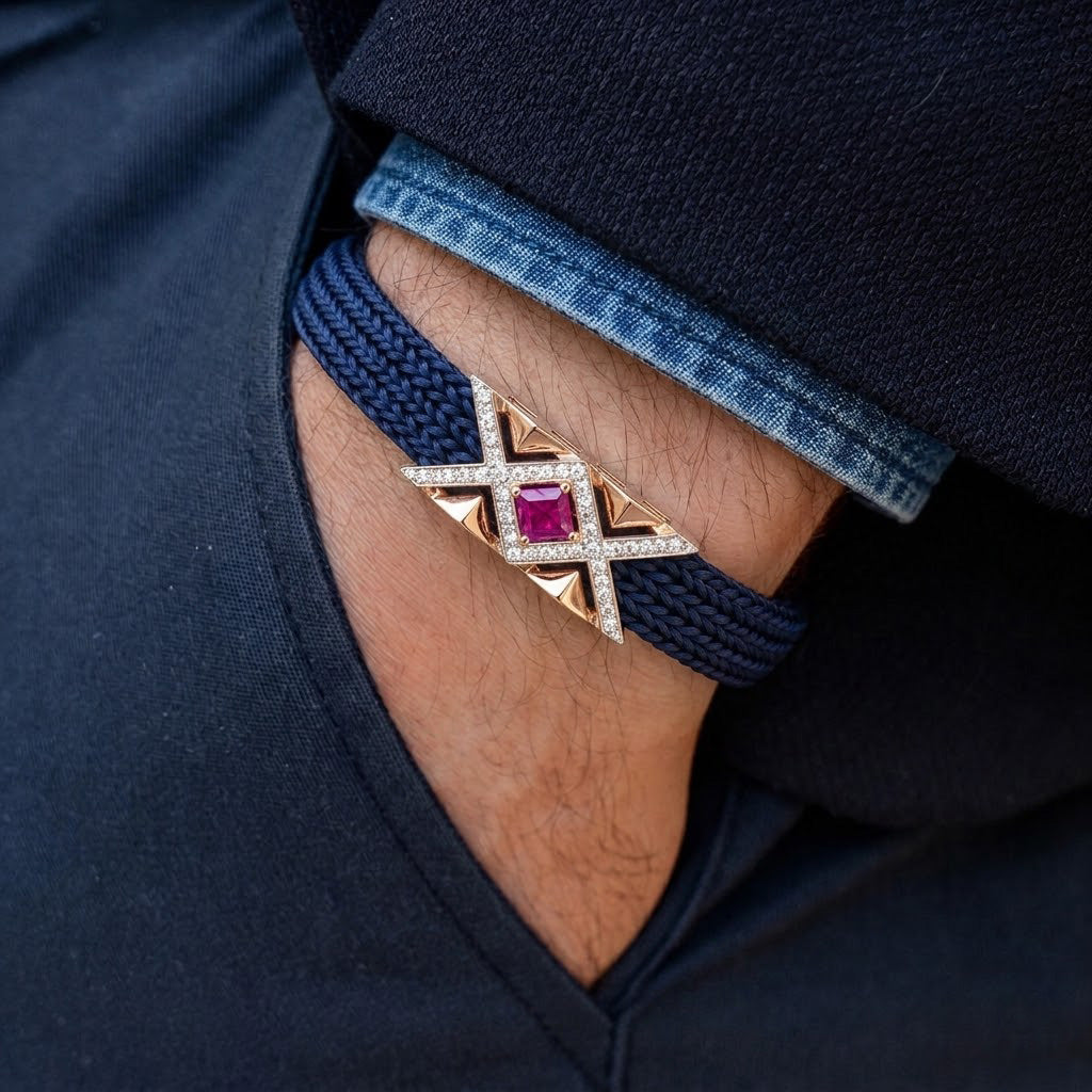 Sophisticated Navy Braided Cord and Ruby-Tone Geometric Bracelet
