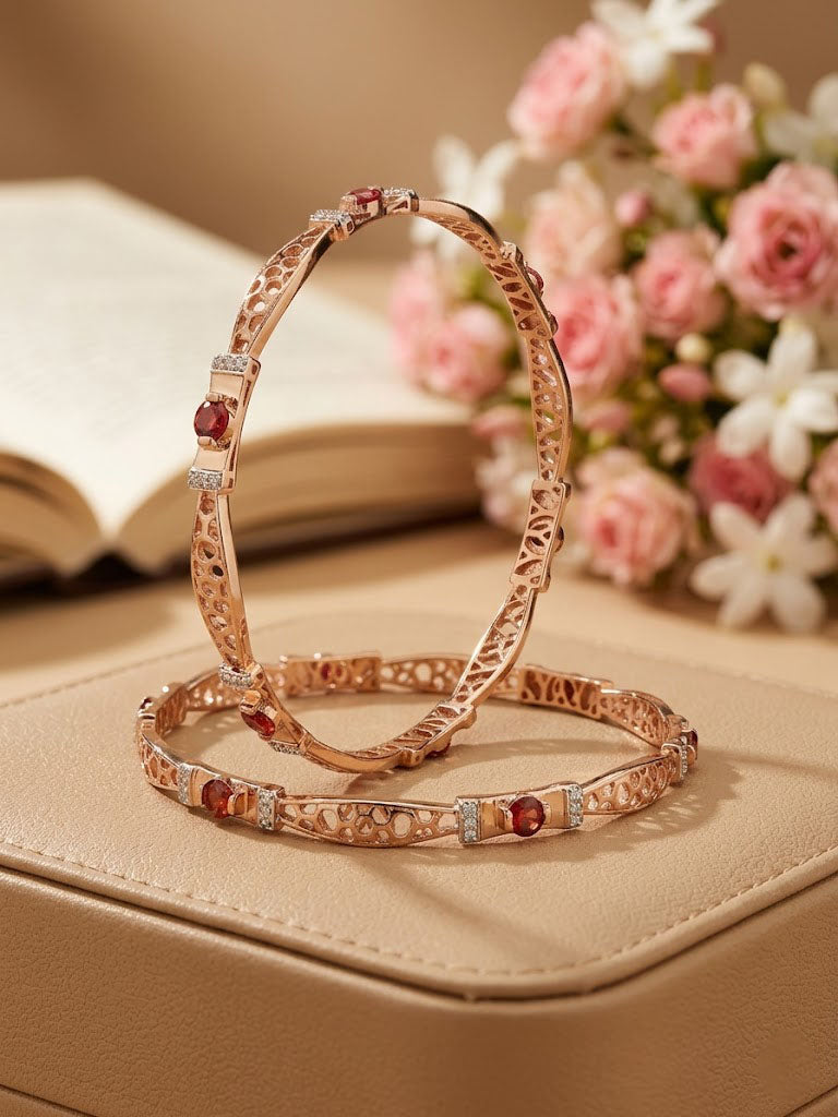 Ruby-Studded Floral Rose Gold Bangles