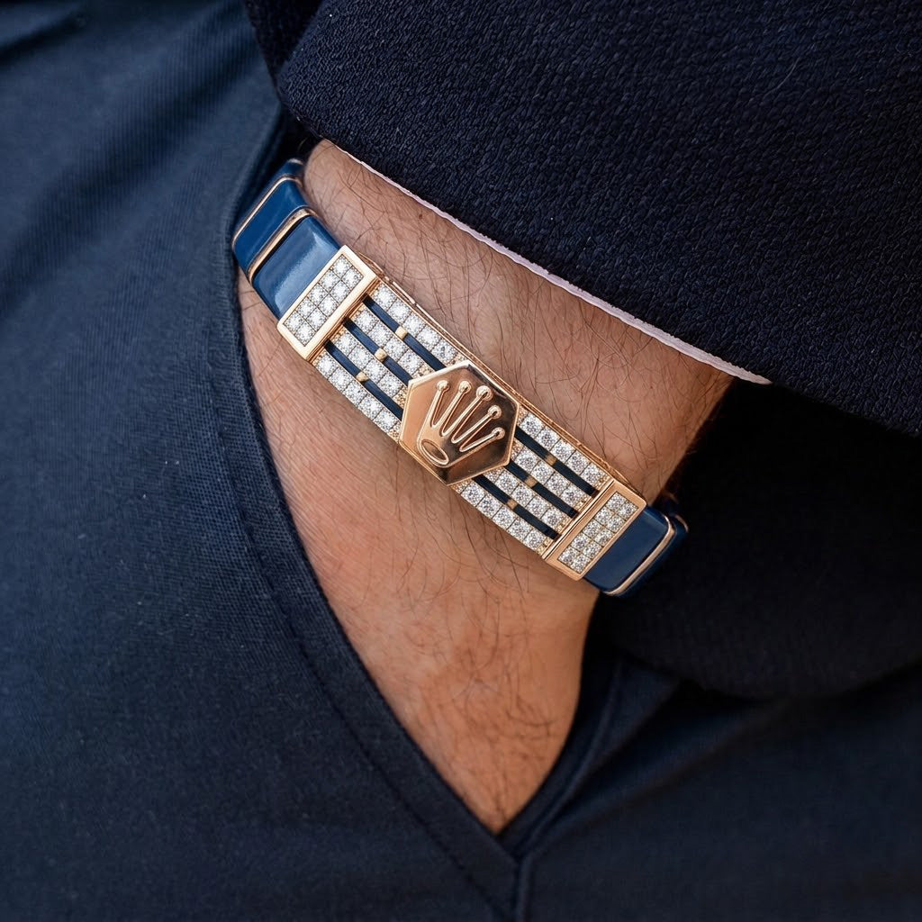 Iconic Crown-Emblem Blue & Rose Gold Ceramic Bracelet
