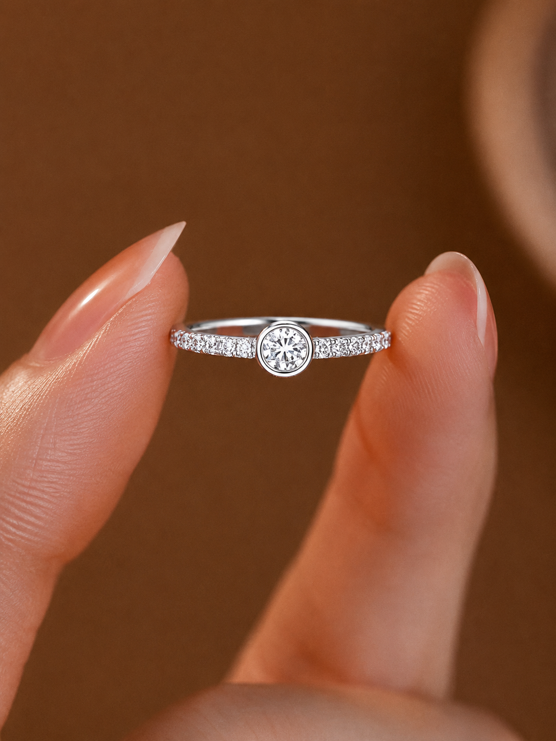 Dainty Bezel-Set Round Diamond Ring with Pavé Band