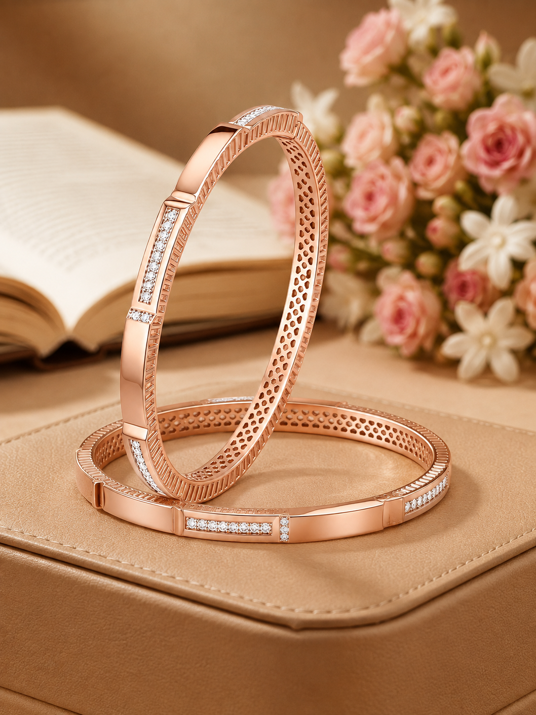 Architectural Fluted & Pave Rose Gold Designer Bangles