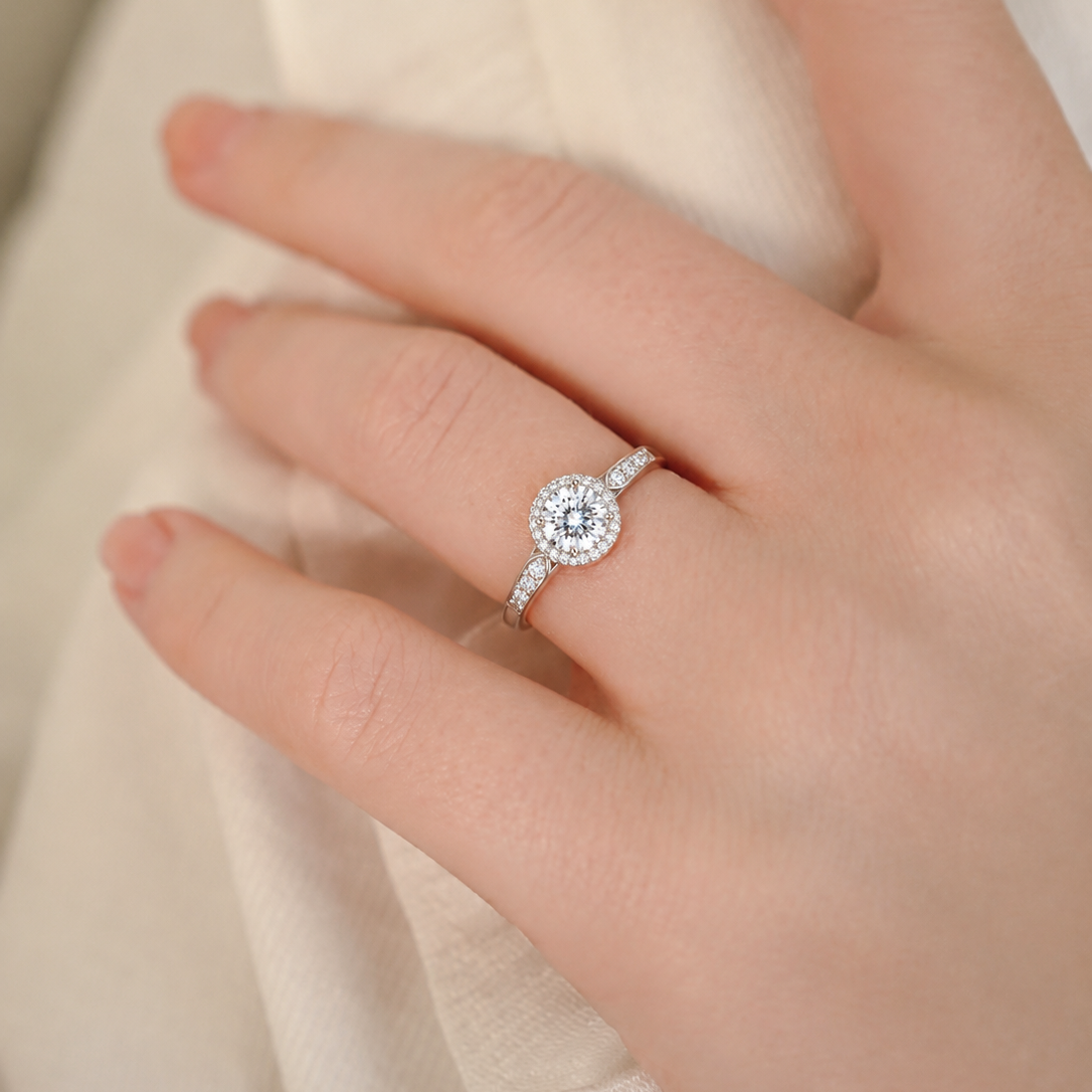 Halo Round Brilliant Diamond Engagement Ring with Pavé Accent Shoulders