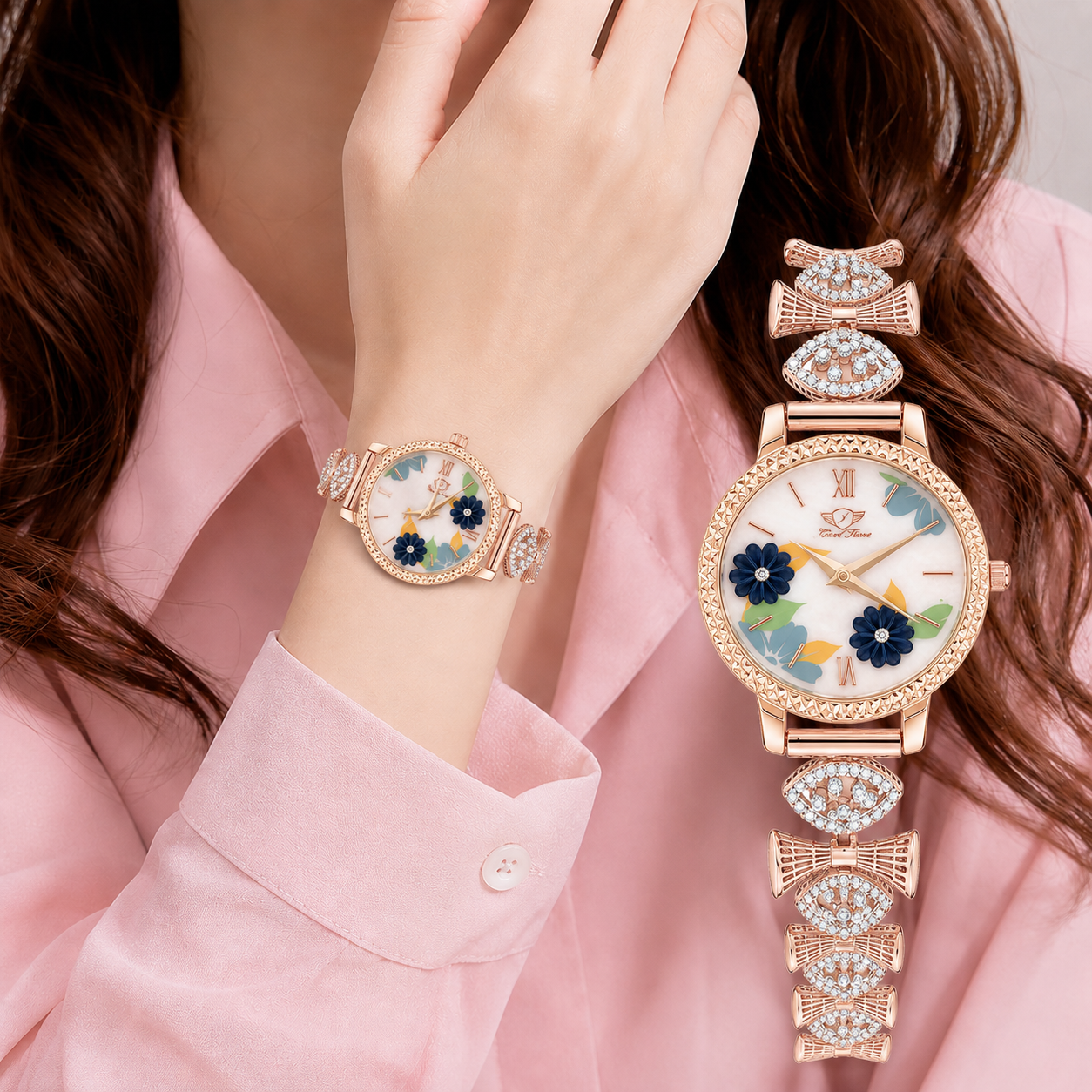 Floral Artistic Dial Crystal-Embellished Ladies Wristwatch