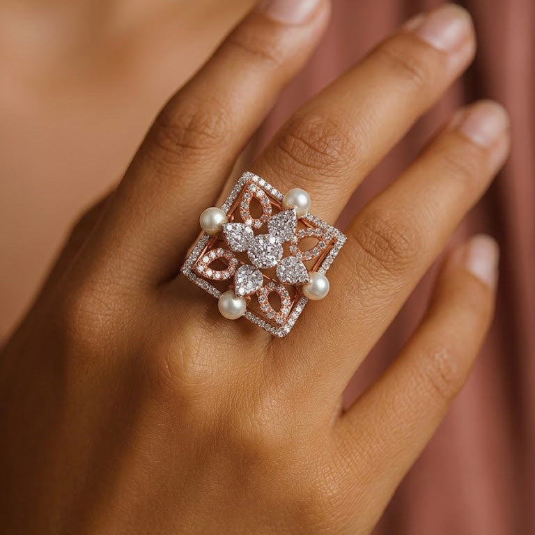 Regal Geometric Pearl & Diamond Statement Ring