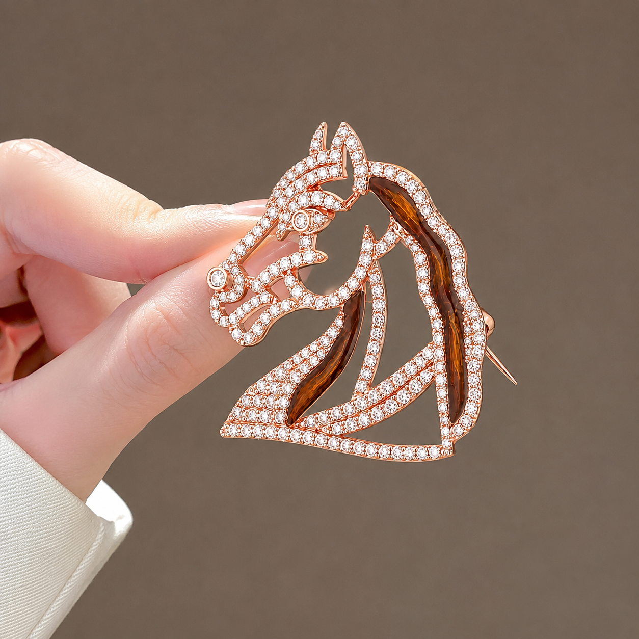 Noble Equestrian Diamond and Enamel Horse Head Brooch