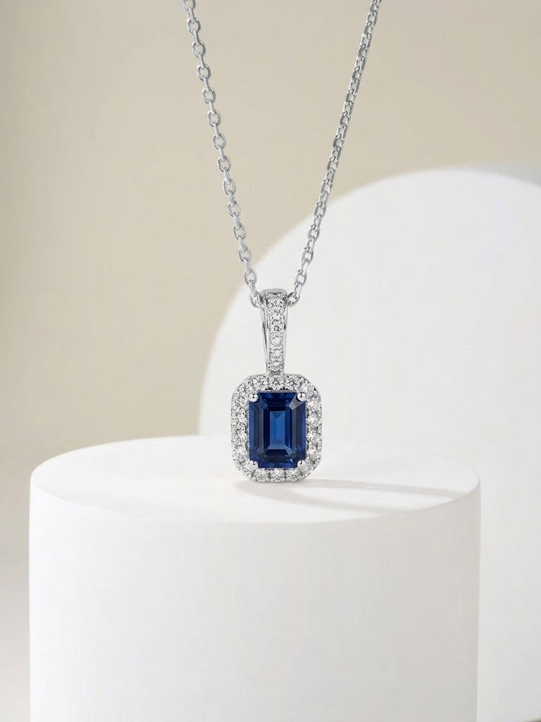 Classic Emerald-Cut Sapphire Halo Pendant