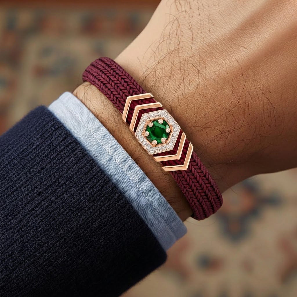 Regal Maroon Cord and Hexagonal Emerald Statement Bracelet