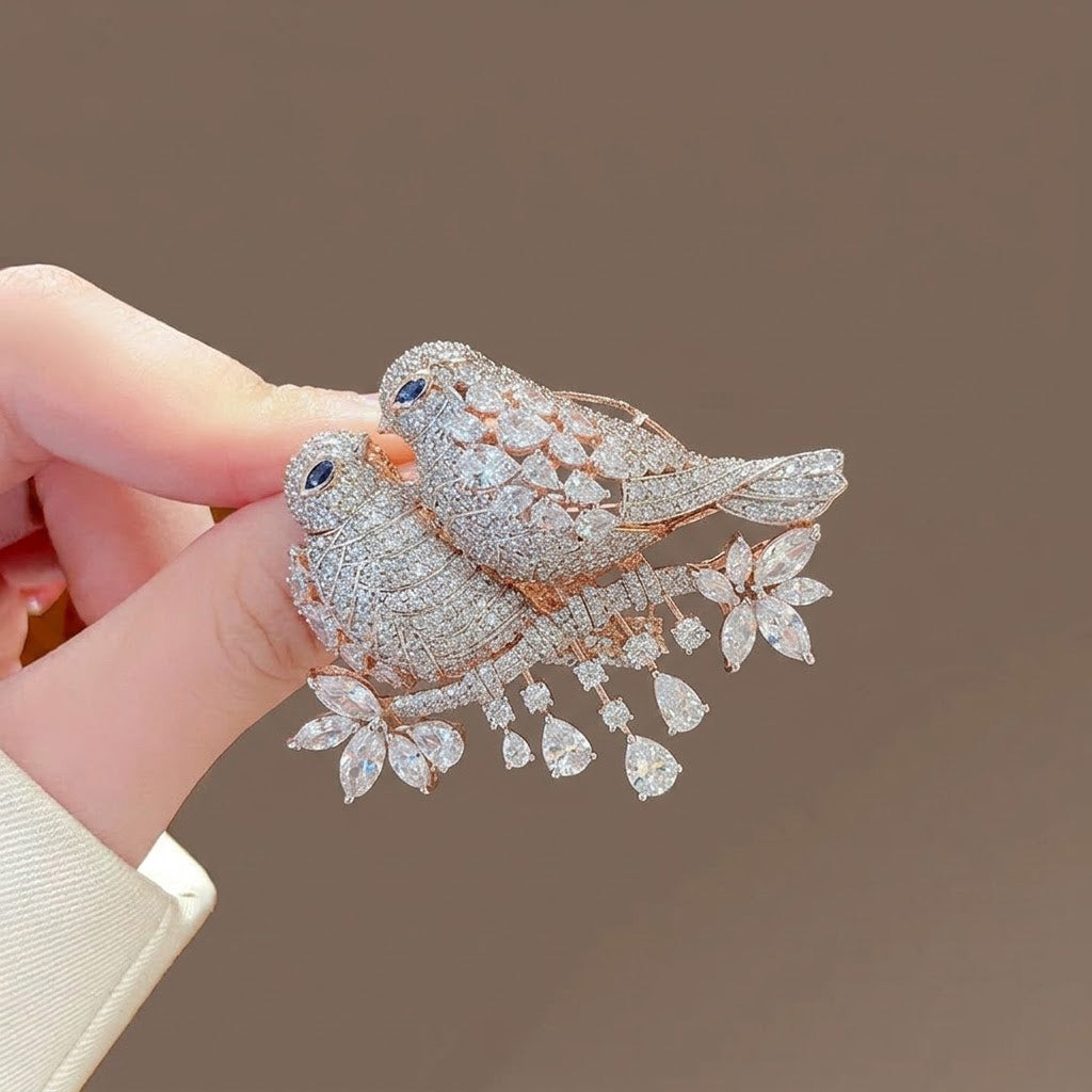 Enchanting Lovebirds Gem-Studded Brooch