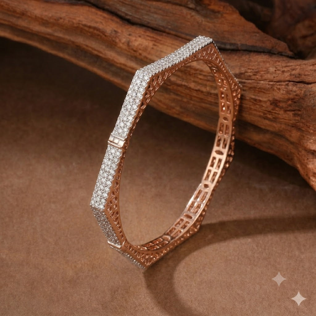 Geometric Hexagonal Pavé-Set Rose Gold Designer Bangles
